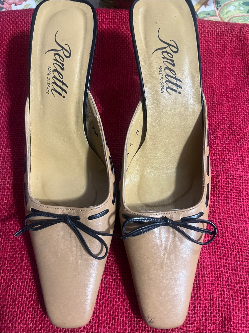 Beige Leather Slip-On Mules with Black Bow